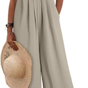 Dokotoo Women's Casual Loose Overalls Jumpsuits One Piece Long Pant Rompers | Solid Color Stretchy Jumpsuit, Sleeveless Wide Leg Jumpsuits for Women, Adjustable Straps Outfits, Loose Fit Casual Long Pant