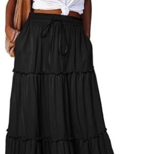 EARKOHA Womens Boho Maxi Skirt 2026 Summer Cruise Casual High Waist Tie Flowy Long Skirt with Pockets For Beach Vacation
