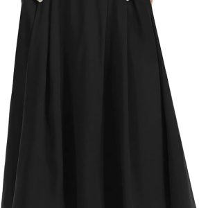 Womens Midi Flowy Skirts A-Line Casual Skirt with Pockets S-2XL | Pleated Elastic High Waisted, Below-The-Knee, Flared Hem, Lightweight Skirt for Summer Outfits