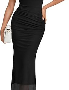 Trendy Queen One Shoulder Maxi Bodycon Mesh Ruched Dress with Side Slit | Stretchy Soft Fit, Evening Party & Wedding Guest Outfits, Formal Cocktail & Date Night Clothes, Vacation Resort Wear