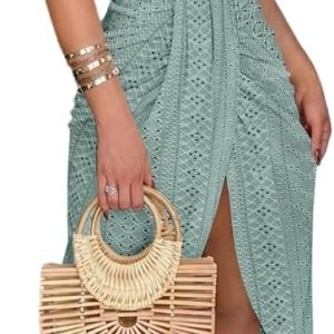 CHICME Womens Summer Halter Ruched Bodycon Long Dresses | Eyelet Embroidery, Comfortable Lightweight Fabric, Criss Cross Tied, Hollow Out A Line, Side Slit, Vacation Wedding Wear