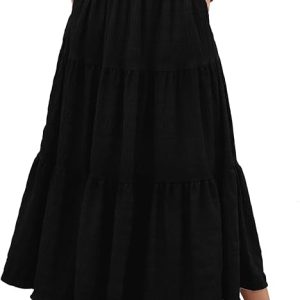 Women's Summer Casual Elegant Smock Layered Tiered Maxi Skirt High Waisted A Line Flowy Long Skirts with Pockets