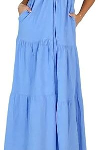 Women's Casual Halter Tiered Vacation Maxi Dress with Pockets
