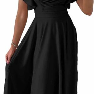 Dokotoo Women's V Neck Elegant Party Dress Short Sleeve Skater Dress Wedding Guest Dresses