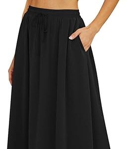 Women's Flowy Maxi Skirt Summer Pleated High Waisted Casual Long Skirts with Pockets