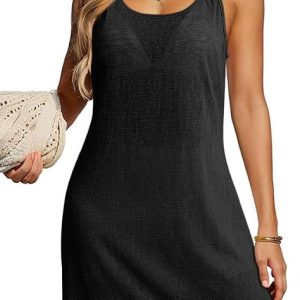 Dokotoo Swimsuit Coverup for Women Sheer Beach Cover Up Dress | Scoop Neck, Sleeveless, Rings, Side Slit, Vacation Outfits, Bathing Suit Coverups, Resort Wear, Solid Color