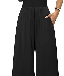 Jumpsuits for Women Dressy Summer Outfits Sleeveless Casual Rompers 2026 | Womens rompers for summer sleeveless crewneck wide leg shape with pockets for daily wear, travel and casual outings