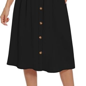 Women's Flowy Midi Skirt Summer Pleated High Waisted Casual Button Front Skirts with Pockets
