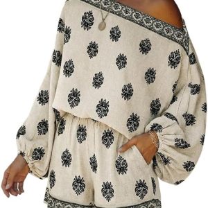 CHICME Boho Linen Sets Women's 2 Piece Lantern Sleeve Summer Shorts Set | Beach Vacation Summer Outfit, Shorts Sets Women 2 Piece Outfits, Top and Shorts Set, Soft Breathable Fabric, Elastic Waist