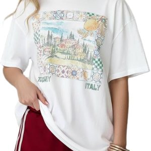 Women Teen Girl Oversized Summer Tops Y2k Hawaii Short Sleeve Graphic Shirt