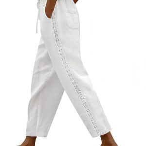 Linen Pants Women Summer Casual Cotton Capri Pants with Lace Side | Breathable Drawstring Elastic Waist Beach Trousers, Petite Lightweight Pants