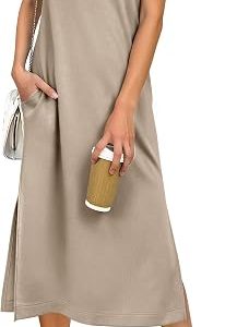 ANRABESS Womens Summer Casual Midi Dress Sleeveless Crewneck Loose Split Wrinkle-Free Beach Travel Vacation Long Sundress