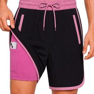 2 in 1 Mens Swim Trunks Beach Swim Board Shorts with Contrast Trim | Quick-Dry Summer Bathing Suit, Swim Suit with Compression Liner, Zipper Pockets, Elastic Waistband, for Vacation and Casual