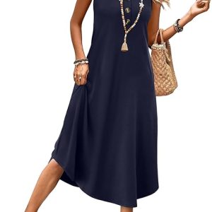 WIHOLL Summer Dresses for Women 2026 Button Front Sleeveless Casual Midi Dress Beach Vacation Sundresses with Pockets