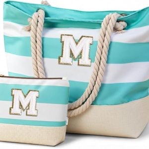 Vavabox Initial Beach Tote Bag for Women, Water-resistant Gifts for Women | Soft Foldable Sandproof Travel Beach Bag Set, Birthday Gifts for Daughter