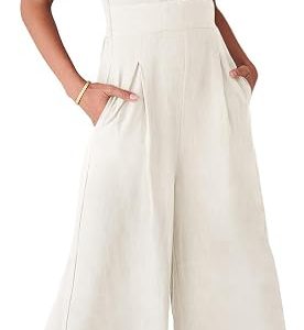 ANRABESS Womens Summer Linen Wide Leg Sleeveless Jumpsuits | V Neck Cutout High Waist Rompers, Breathable Lightweight, Beach Vacation Pants Outfit, Casual Dressy, Fall Winter Resort Wear