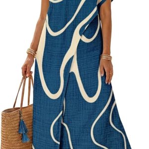 CHICME Maxi Dresses for Women Abstract Print Summer Dress | Womens Summer Dresses, One Shoulder Boho Dress with Pockets, Faux 2 Piece Casual Dresses, Vacation, Beach Dress Wedding Guest