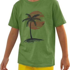 Kids Palm Tree Sunset T-Shirt Boys Retro Beach Graphic Tee Short Sleeve Casual Summer Vacation Outfit 5-14