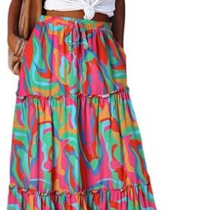 EARKOHA Womens Boho Maxi Skirt 2026 Summer Cruise Casual High Waist Tie Flowy Long Skirt with Pockets For Beach Vacation