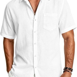 Men's Linen Shirts Short Sleeve Casual Button Down Shirts Summer Beach Tops with Pocket
