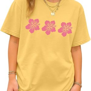 Women Oversized Graphic T Shirts Floral Tees Cute Tops for Teens Y2K | Crew Neck, Short Sleeve, Durable Graphic Print, Aesthetic Vintage Preppy Clothes, Summer Loose Beach Tops