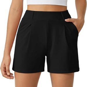 G4Free EverGoing Dressy Casual Shorts for Women Pleated with Pockets 4" | High Elastic Waist, Belt Loops, Two Side Pockets, All-Day Comfort, Ideal for Workout or Casual