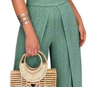 CHICME Women's Eyelet Halter Jumpsuit High Waist Wide Leg Outfit | Breathable Eyelet Fabric, Crochet Halter Neck. High Waist Split Wide Leg, Summer Jumpsuit for Vacation Daily Wear
