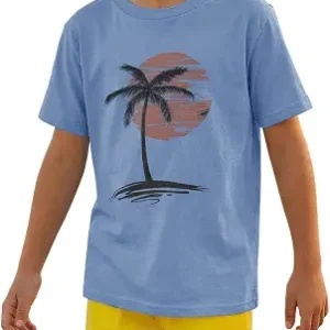 Kids Palm Tree Sunset T-Shirt Boys Retro Beach Graphic Tee Short Sleeve Casual Summer Vacation Outfit 5-14