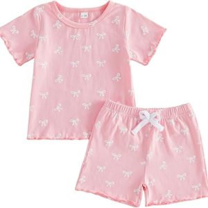 Toddler Baby Girl Summer Clothes Short Sleeve Bow Print T Shirt Tops Shorts Set 6 12 18 24 Months 2T 3T 4T Outfits