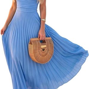 CHICME Maxi Dresses for Women Square Neck Pleated Summer Dress | Flowy Dresses for Women French Style Sundress, Adjustable Straps, Backless Dress for Wedding Guest, Vacation, Beach & Party