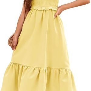 Haloumoning Girls Summer Dress Kids Ruffle Sleeve Square Neck Smocked Dresses Tiered Midi Sundress 5-14Y