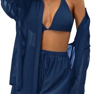 SOLY HUX Womens 3 Piece Halter Top and Shorts with Mesh Shirts | Summer Button Down Shirts, Vacation Shorts Set