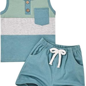 FOCUTEBB Boy Clothes Toddler Baby Boys Summer Outfits Sleeveless Patchwork T-Shirt Shorts Set 6 Months-4T