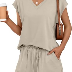 AUTOMET 2 Piece Summer Short Set Matching V Neck Cap Sleeve Lounge Clothing | Two Piece, V Neck, Cap Sleeve, Travel Airport, Cute Athletic Activewear, Matching Sets Loungewear, Summer Vacation Outfits