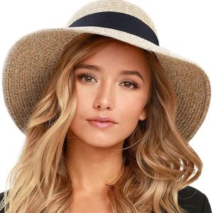 FURTALK Womens Beach Sun Straw Hat Wide Brim UV Protection Travel Hat | Premium Paper Straw, Foldable Travel Design, Adjustable Sweatband, Windproof Chin Strap, Ideal For Beach Vacation