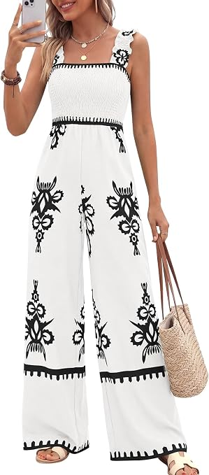 PRETTYGARDEN Womens Jumpsuit Casual One Piece Boho Summer Outfits 2 Pockets | Shirred Strap Square Neck Jumpsuits for Women Dressy, Wide Leg Long Pants Rompers, Holiday Beach Cruise, Vacation Outfits