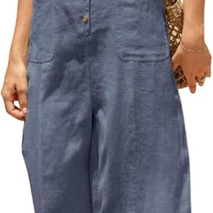 Women Button Down Jumpsuits Cotton Linen Sleeveless Casual Wide Legs Rompers Loose Overall With Pockets