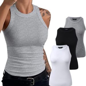 CHICME Women's 3 Pack Tank Tops Ribbed Racerback Cami Shirts | Crew Neckline, Soft Stretch Fabric, Flattering Slim Fit, Easy Layering Piece, Workout Essential, Everyday Casual Wear