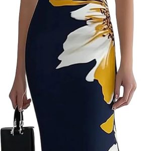 HVT Women's Dress Wedding Guest Party Dresses Floral Print Halter Neck Maxi Dress Sleeveless Bodycon Long Dresses