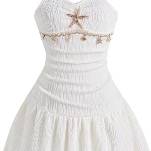 SOLY HUX Girl's Sleeveless Summer Halter Dress Starfish Ruffle Textured Beach Vacation Mini Dresses