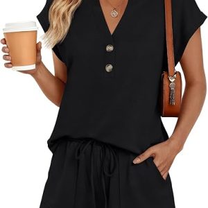 LILLUSORY Womens 2 Piece Summer Short Sets 2026 Matching Lounge Wear Outfit | Cap Sleeve Henley Top & Drawstring Shorts with Pockets, Casual Vacation Cruise Resort Spring Beach Airport Travel Sweat Suits