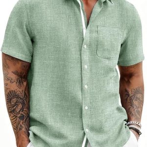 Runcati Mens Linen Shirt Short Sleeve Button Down Shirts | Summer Casual, Hawaiian, Cuban, Guayabera, Mexican, Untucked, Big, Tall, Beach, Vacation Work, Dress, Wedding, Camp Fishing