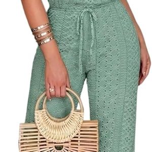CHICME Halter Hollow Out Jumpsuits for Women Dressy Casual Wide Leg Knit Jacquard Romper Summer Vacation One Piece Outfit