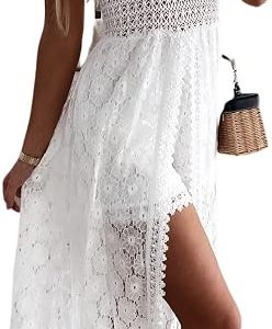 CUPSHE Women Lace Maxi Jumpsuit Summer V Neck Casual Beach Outfits | V Neck Speghetti Straps, High Low Hem, Sleeveless, Backless, Crochet Waist, Casual Dressy One Piece, Vacation Resort Wear