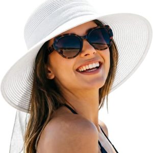 DRESHOW Sun Hats for Women Summer Wide Brim Beach Straw Hat Bowknot Bucket Hats Foldable Floppy Beach Sun Hat UPF 50+