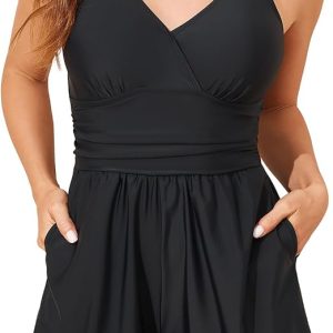 Smismivo Swim Rompers for Women Tummy Control V Neck Swimsuits with Shorts One Piece Modest Bathing Suits Full Coverage 2026