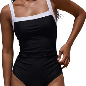 QINSEN Women's Square Neck One Piece Swimsuit Side Ruched Tummy Control Adjustable Straps Bathing Suit