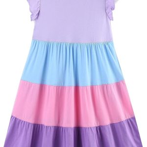 Bumeex Girl's Dresses Cotton Ruffle Sleeve Tiered Swing A-Line Cute Midi Casual Sundress