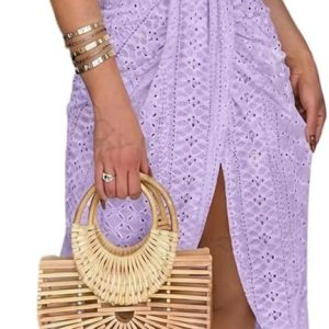 CHICME Womens Summer Halter Dress Hollow Out A Line Vacation Dress | Eyelet Embroidery, Comfortable Lightweight Fabric, Hollow Out A Line, Ruched Side Slit, Vacation Wedding Party Wear