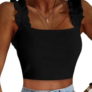 CLOZOZ Cute Crop Tops for Women Tank Tops Ribbed Ruffle Strap Square Neck Womens Trendy Going Out Preppy Tops